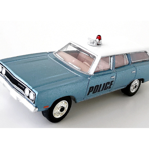 1970 Plymouth Belvedere Emergency Wagon Greenlight Stålblå poly